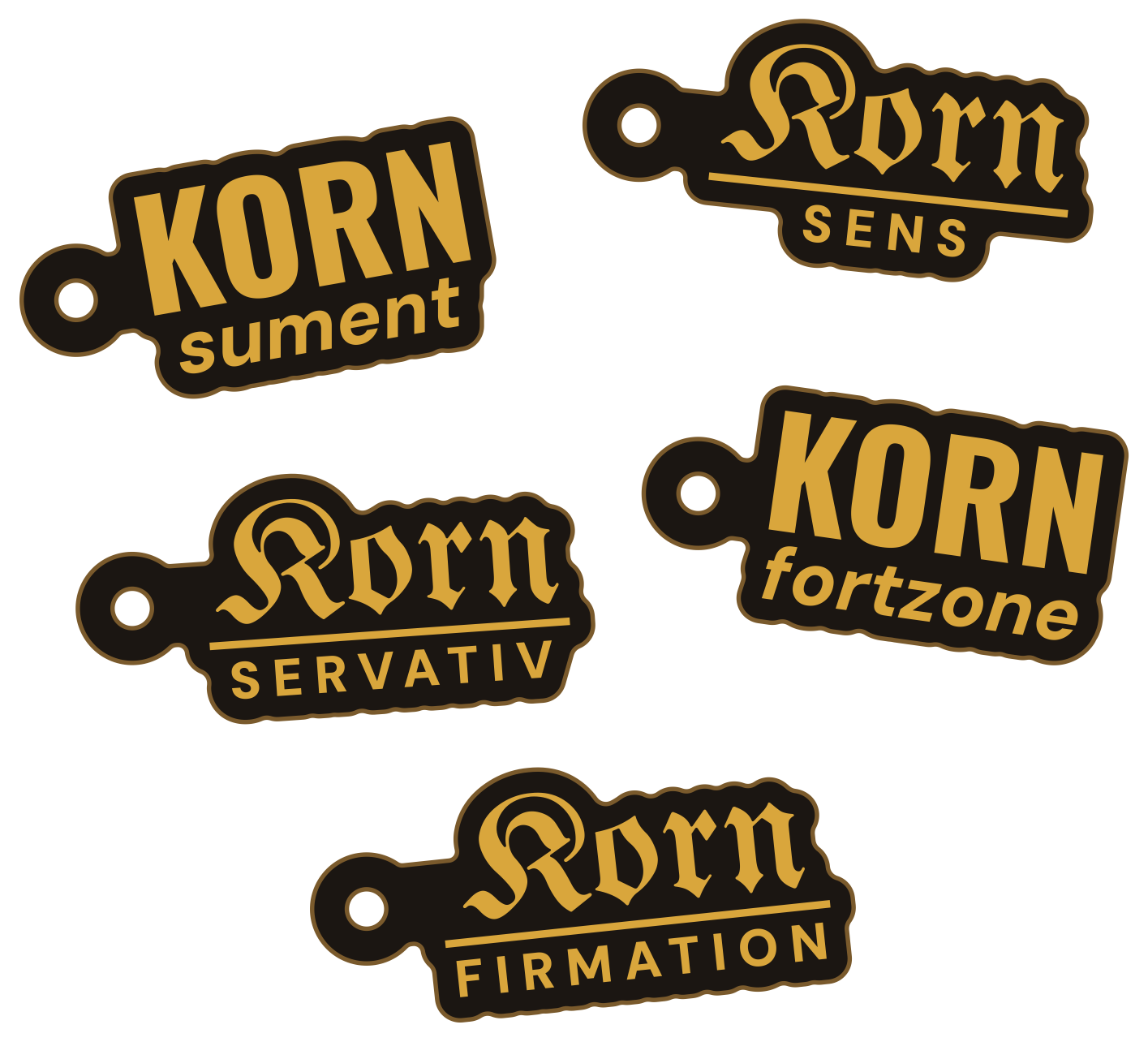 Fünf Korn-Schlüsselanhänger in Gold auf Schwarz: Kornsument, Kornsens, Kornservativ, Kornfortzone und Kornfirmation